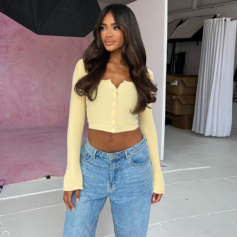 Women Casual knitting long-sleeved Crop Top