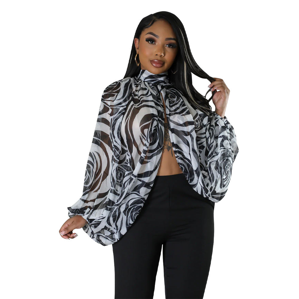 Women's Summer Lace-Up Printed Chiffon Shirt Bat Sleeves Top 14