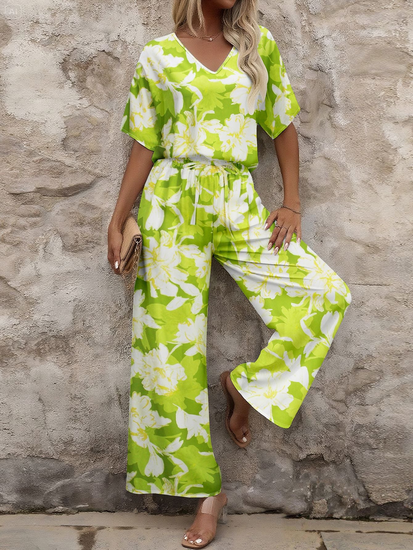 Women Elegant V-neck Short Sleeve Top and Long Pants Casual Two-piece Set 5