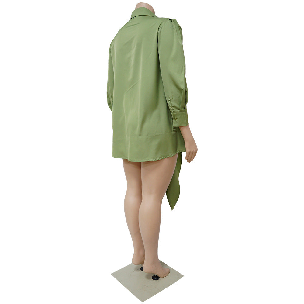 Plus Size Women Sexy Solid Tie Long Sleeve Shirt Dress 14
