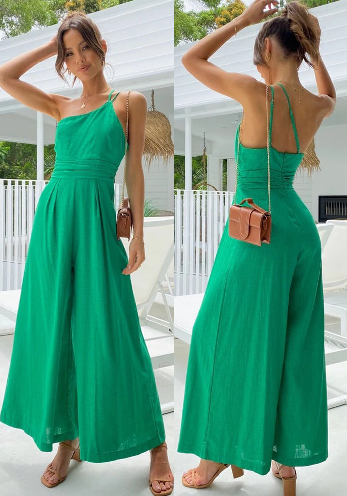 Women's Spring/Summer Solid Color Loose Wide Leg Linen Jumpsuit