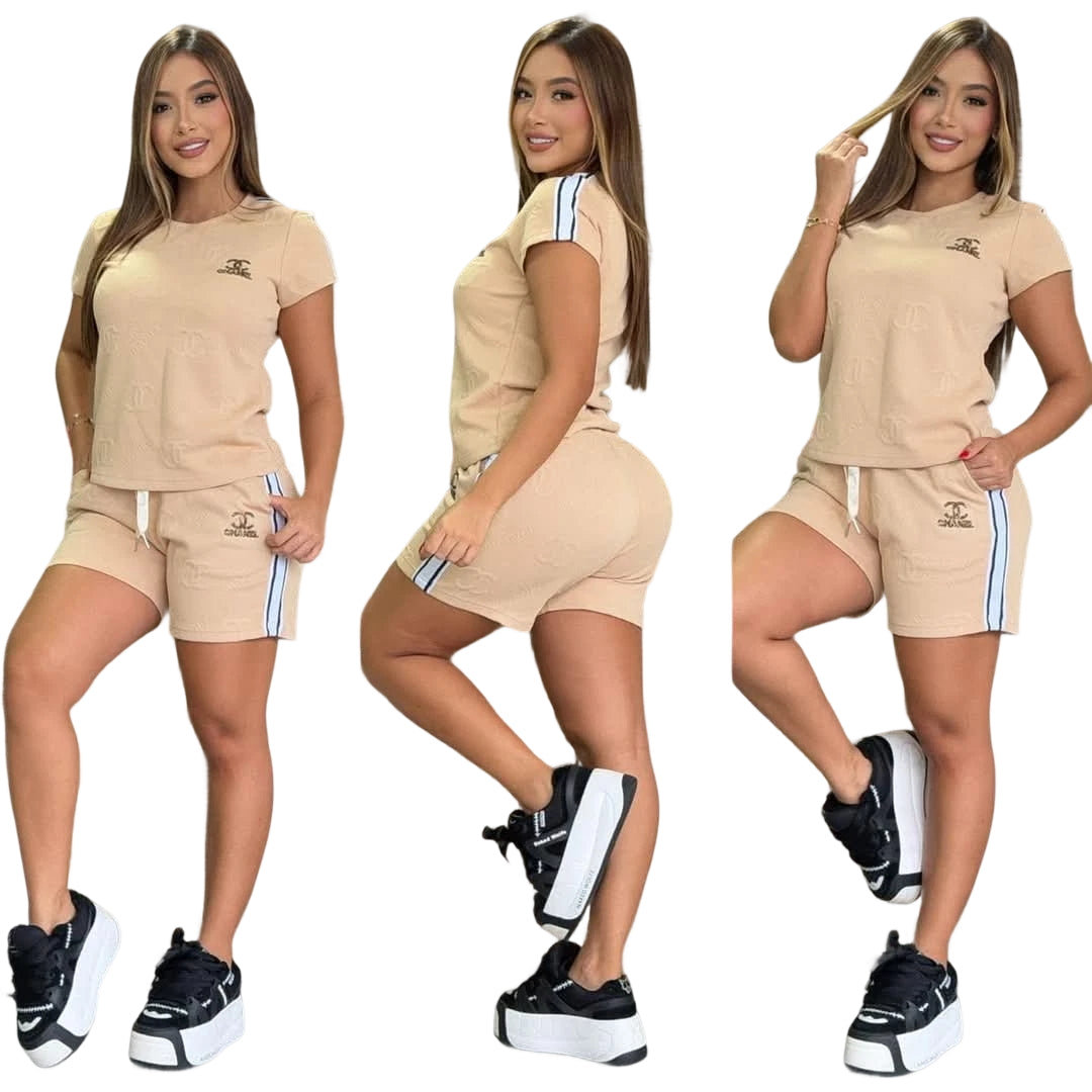 Women Jacquard Short Sleeve Top and Shorts Sports Two Piece Set 10