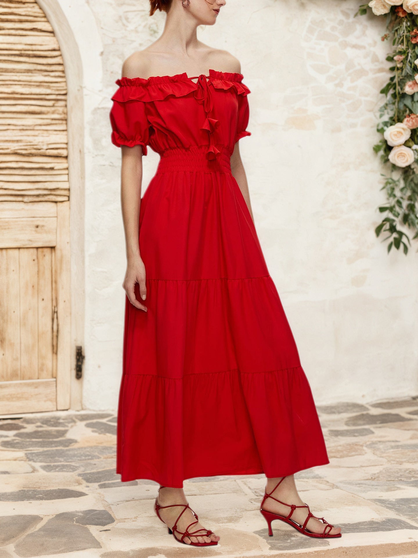 women's off-shoulder ruffle bubble short sleeve lace-up dress 5