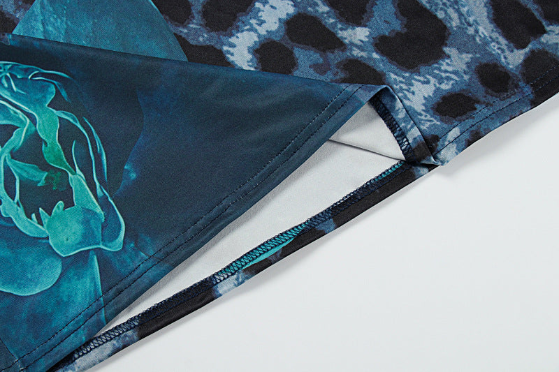 Summer Women's Chic Printed Slash Shoulder Lace-Up Slim Low-Waist Long Skirt Set 12