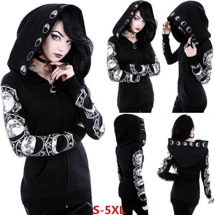Women Black Punk Peng Hooded Moon Print Long Sleeve Top 7