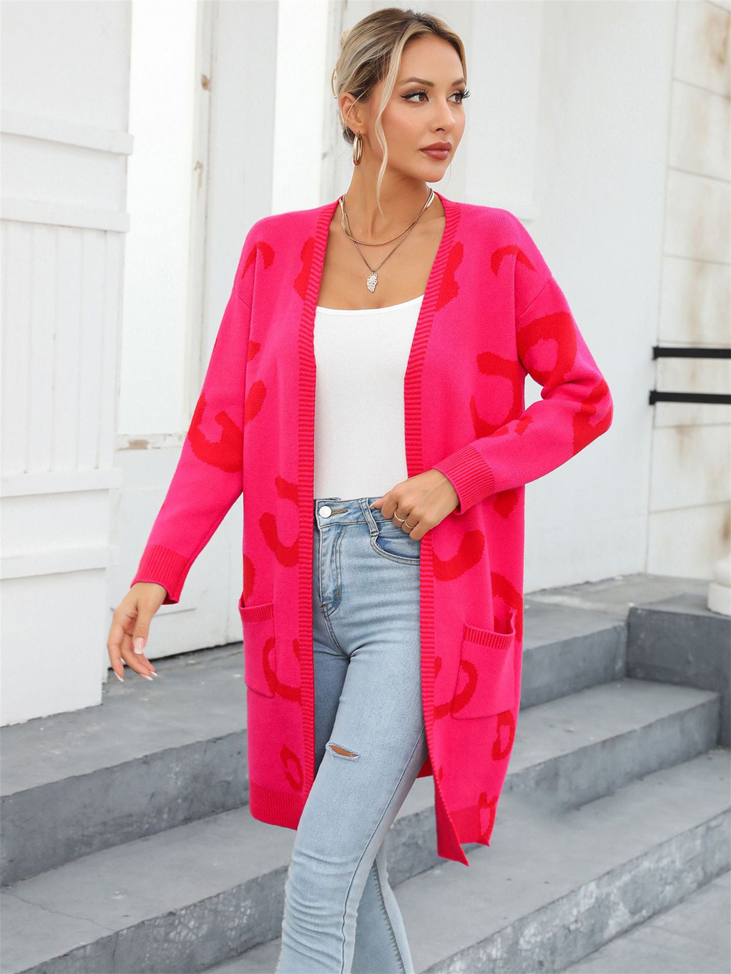 Plus Size Women Fall and Winter Leopard Knitting Cardigan Sweater 7