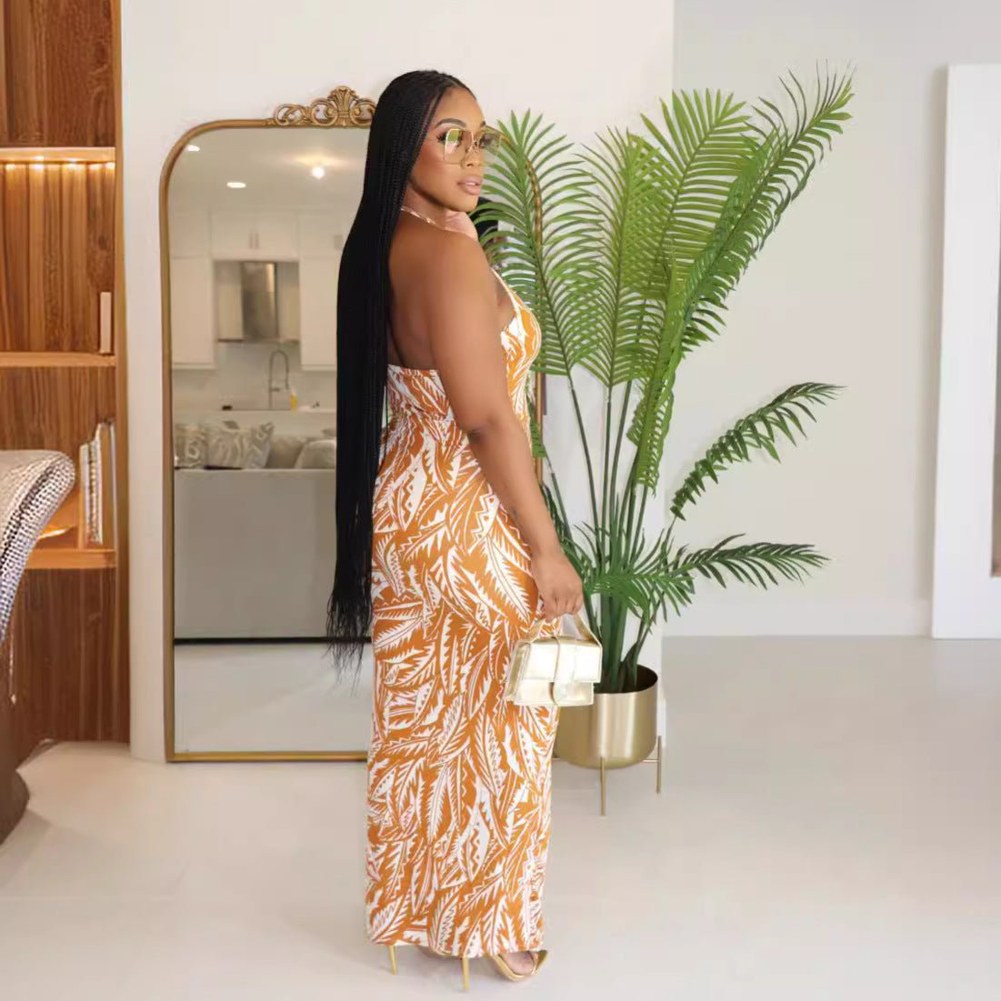 Women Sexy Halter Neck Print Dress 4