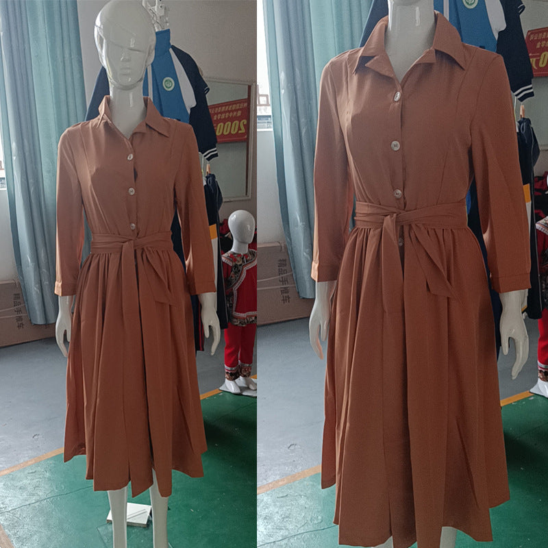 Solid Color Belted Long Sleeve Turndown Collart Button-Up Shirt Dress 17