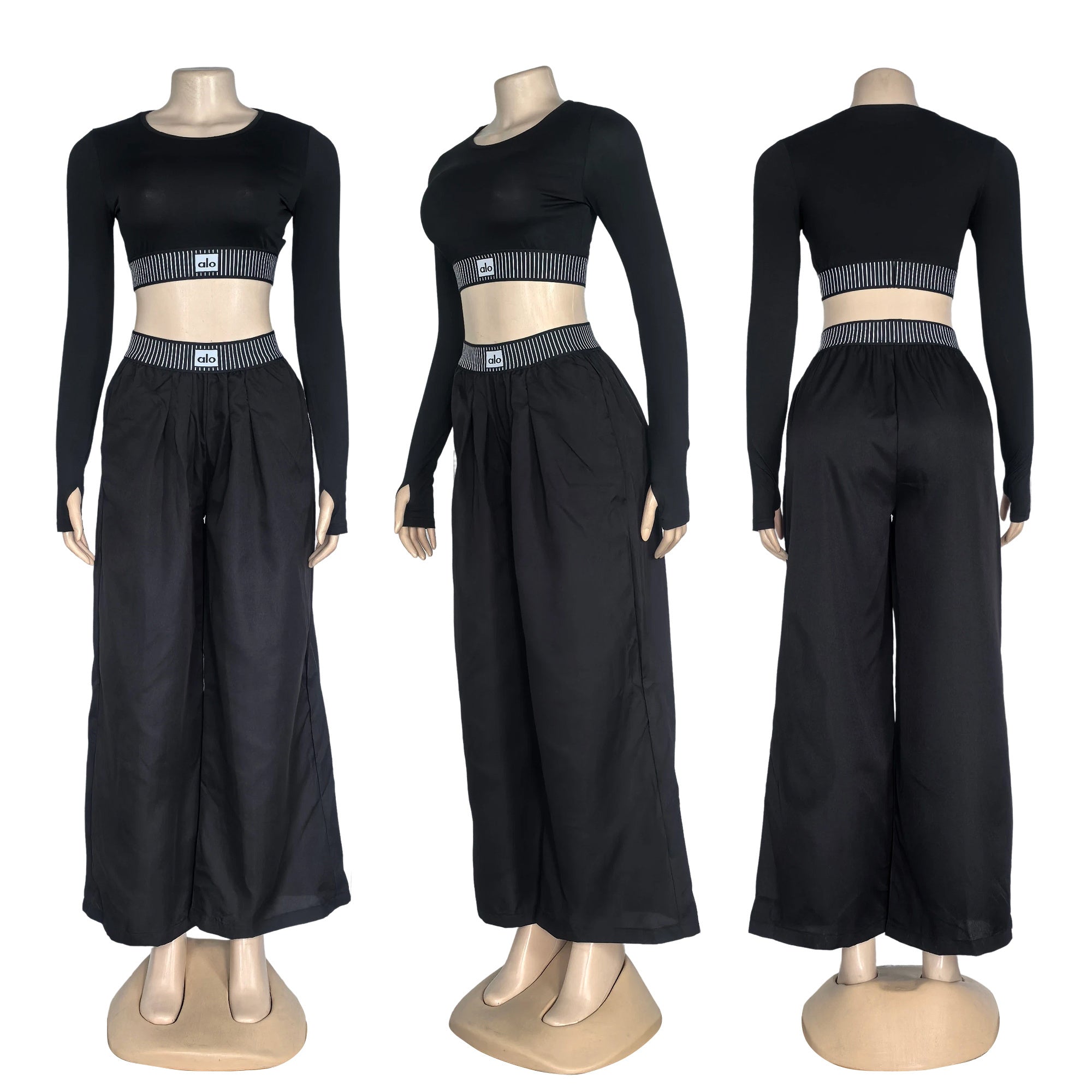 Women's Autumn Winter Fashion Long Sleeve Sexy Crop Top High Waist Loose Casual Straight Wide-Leg Pants Set 12