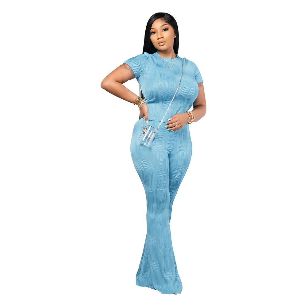 Women's Solid Color Short Sleeve Two-Piece Pants Set 10