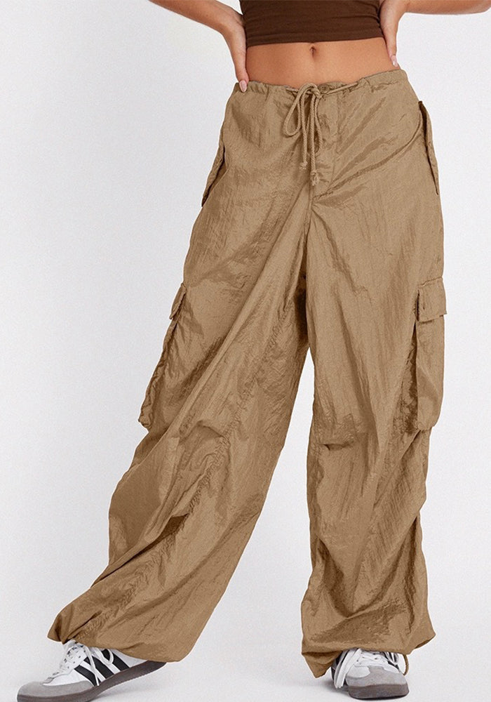Large Pocket High Waist Casual Drawstring Slim Waist Cargo Pants For Women