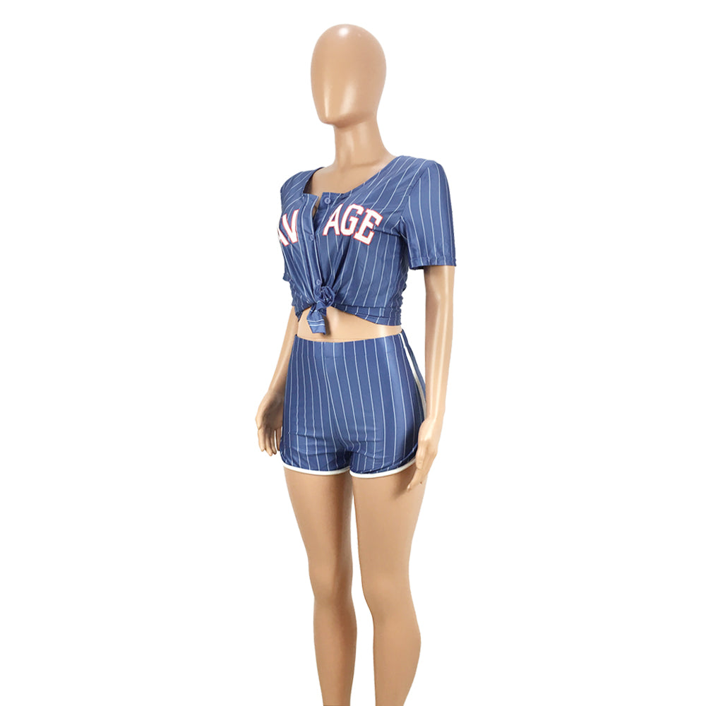 Women Sexy Women Striped Letter Baseball Top and Skirt Two-piece Set 43