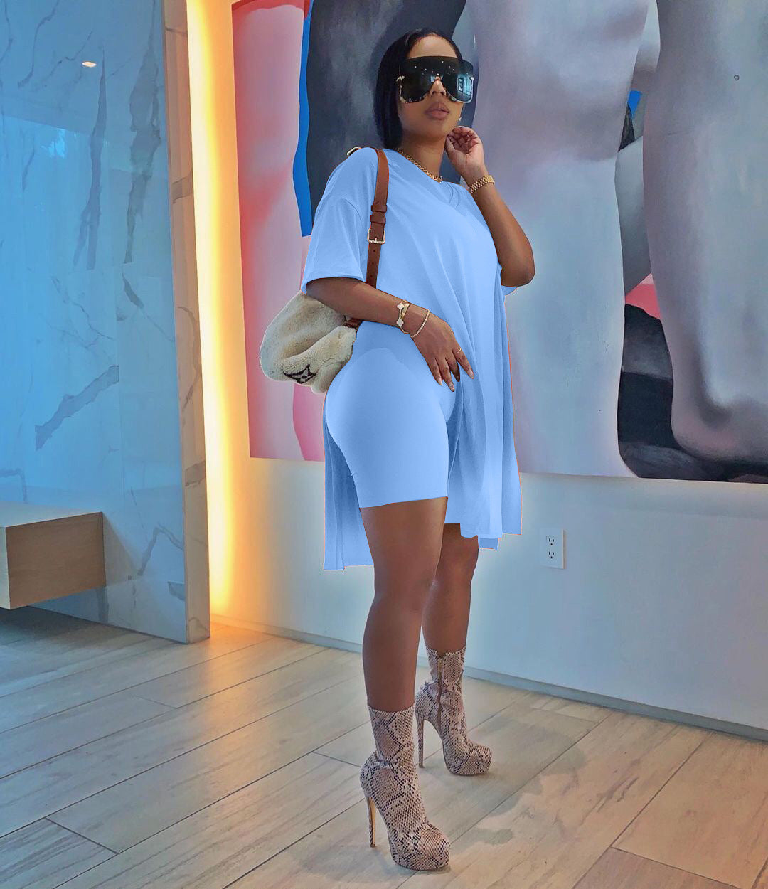 Women Summer Solid Slit Short Sleeve Top and Shorts Two-piece Set 11