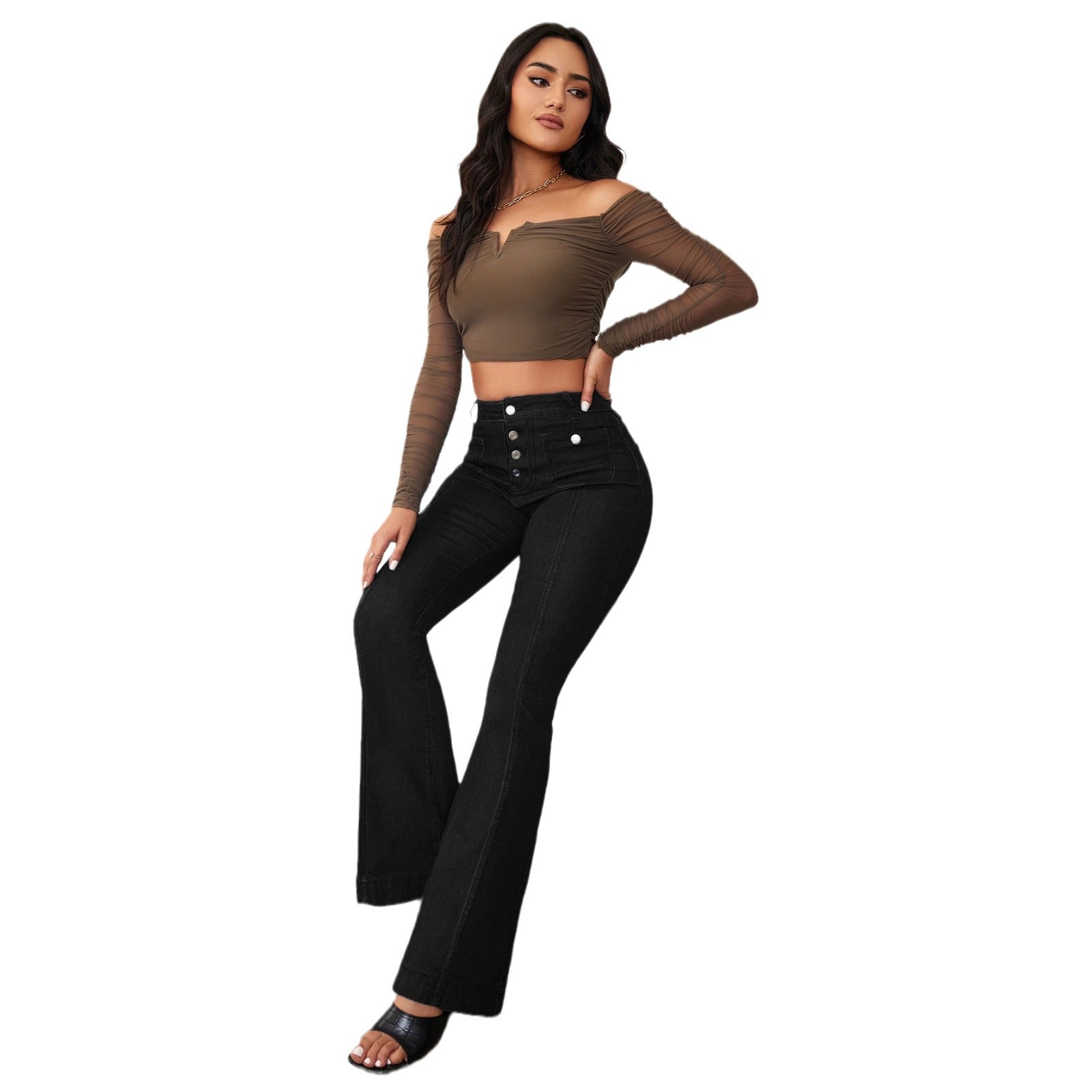 Spring Buttoned Slim Fit Women's High Waist Flare Denim Pants 7