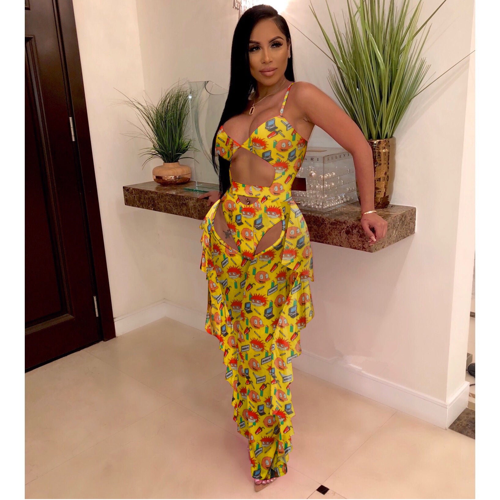 Sexy Women's Solid Color Printed One Piece Swimsuit Mesh Pants Two-Piece Set 9