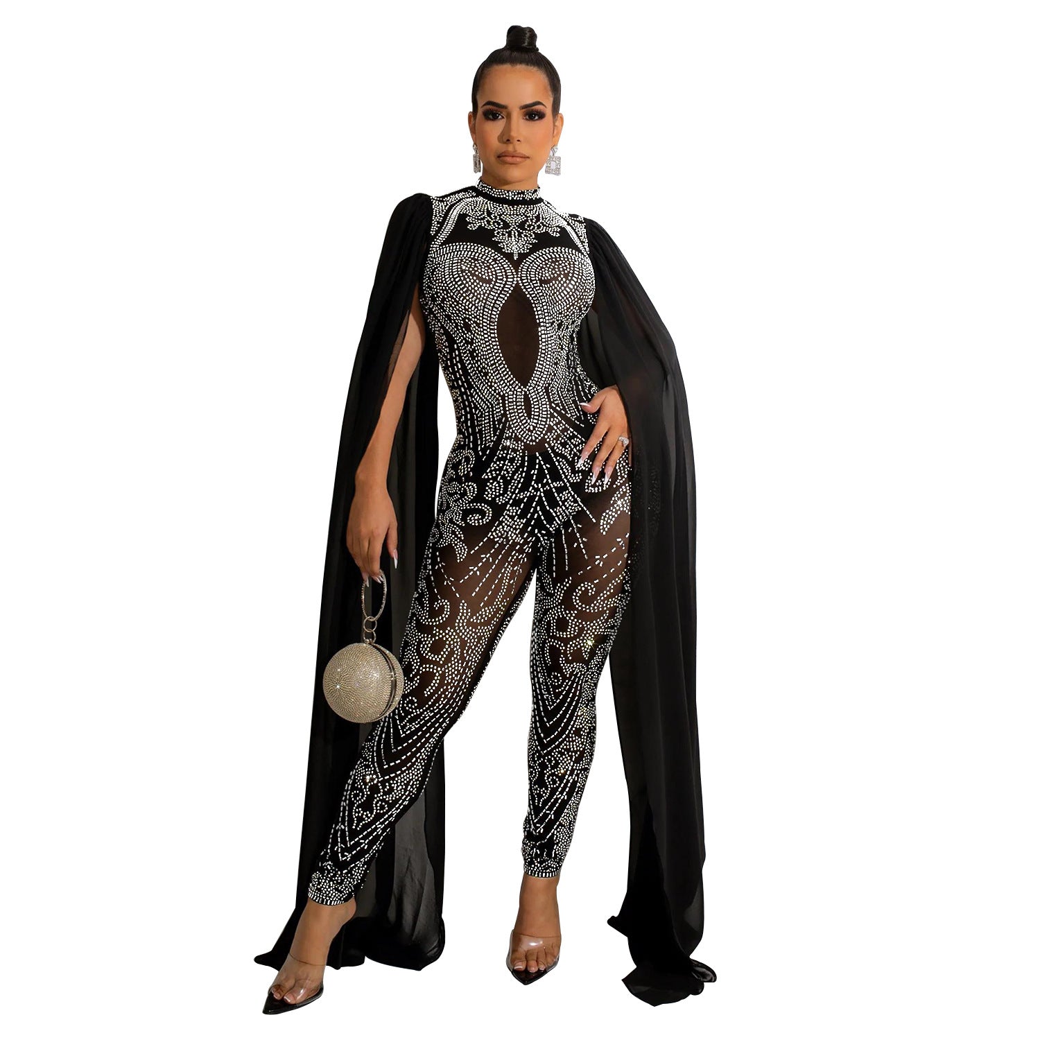 Women Beaded Mesh See-Through Slit Sleeve Jumpsuit 10