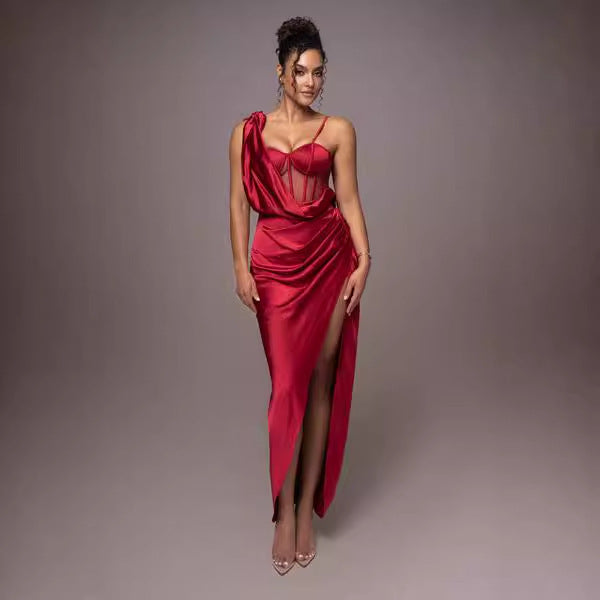 Women Solid Slit peach neck sexy suspender dress 6