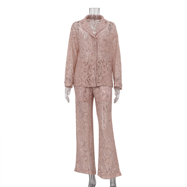 Women Lace See-Through Turndown Collar shirt and trousers Two Piece Set 8