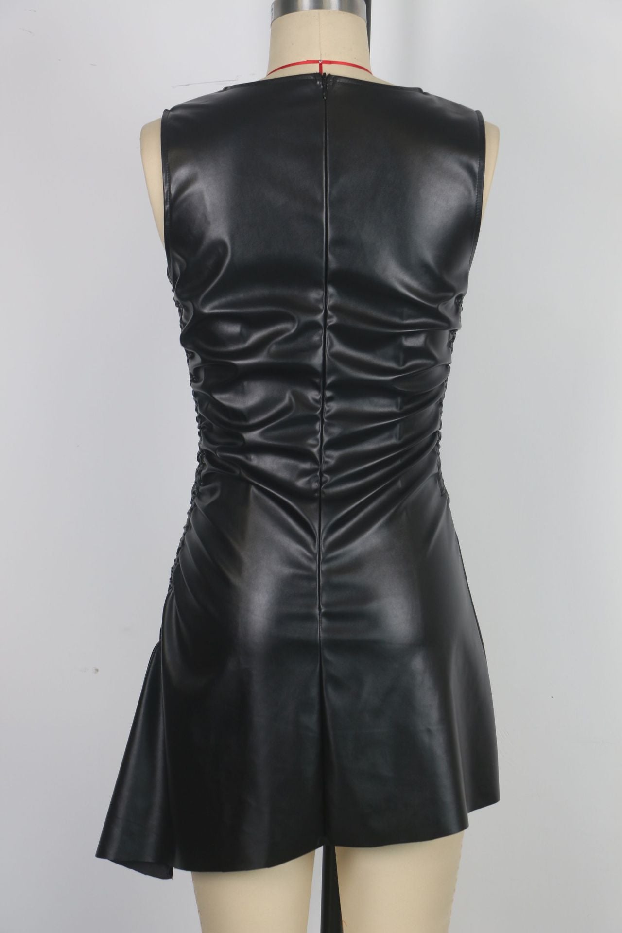 Women sexy pleated sleeveless pu Leather skirt Off Shoulder asymmetric dress 10
