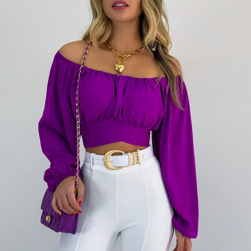 Top Women's Solid Color Lantern Sleeve Off Shoulder Sexy Puff Sleeve Crop Shirt 9