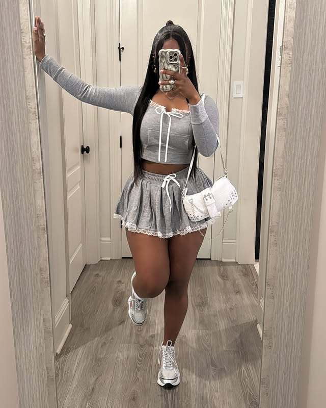 Hood Patchwork Gray Short T-Shirt A-Line Skirt Women's Autumn Two Piece Set