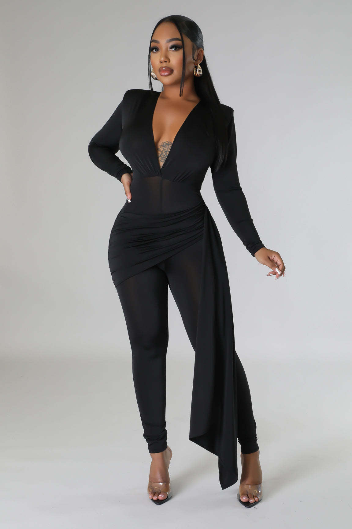 Women's Solid Color Sexy Deep V Neck Tight Fitting Long Sleeve Jumpsuit 3
