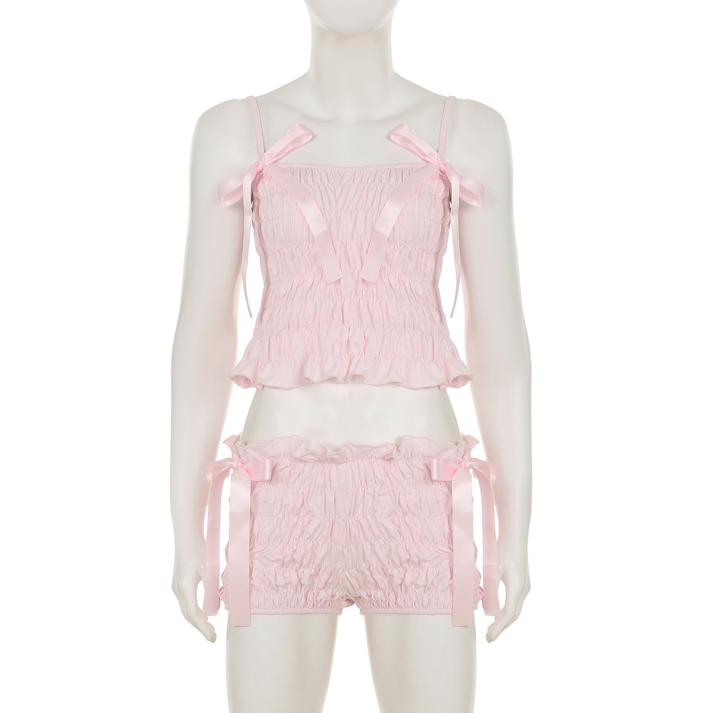 Women Bow Pleated Camisole Shorts Two-Piece Set 7