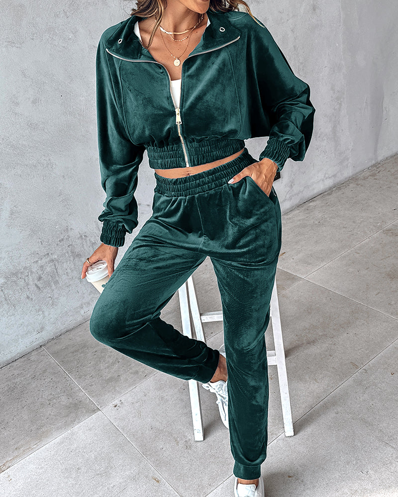 Women Turndown Collar Zipper Velvet Hoodies And Casual Sweatpants Two-Piece Set