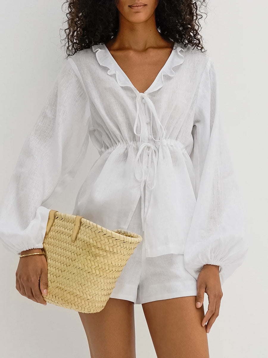 Summer Comfortable Style Sexy White V-Neck Slim Waist Lace-Up Long-Sleeved Top Shorts Linen Ruffle Two Piece Set 4