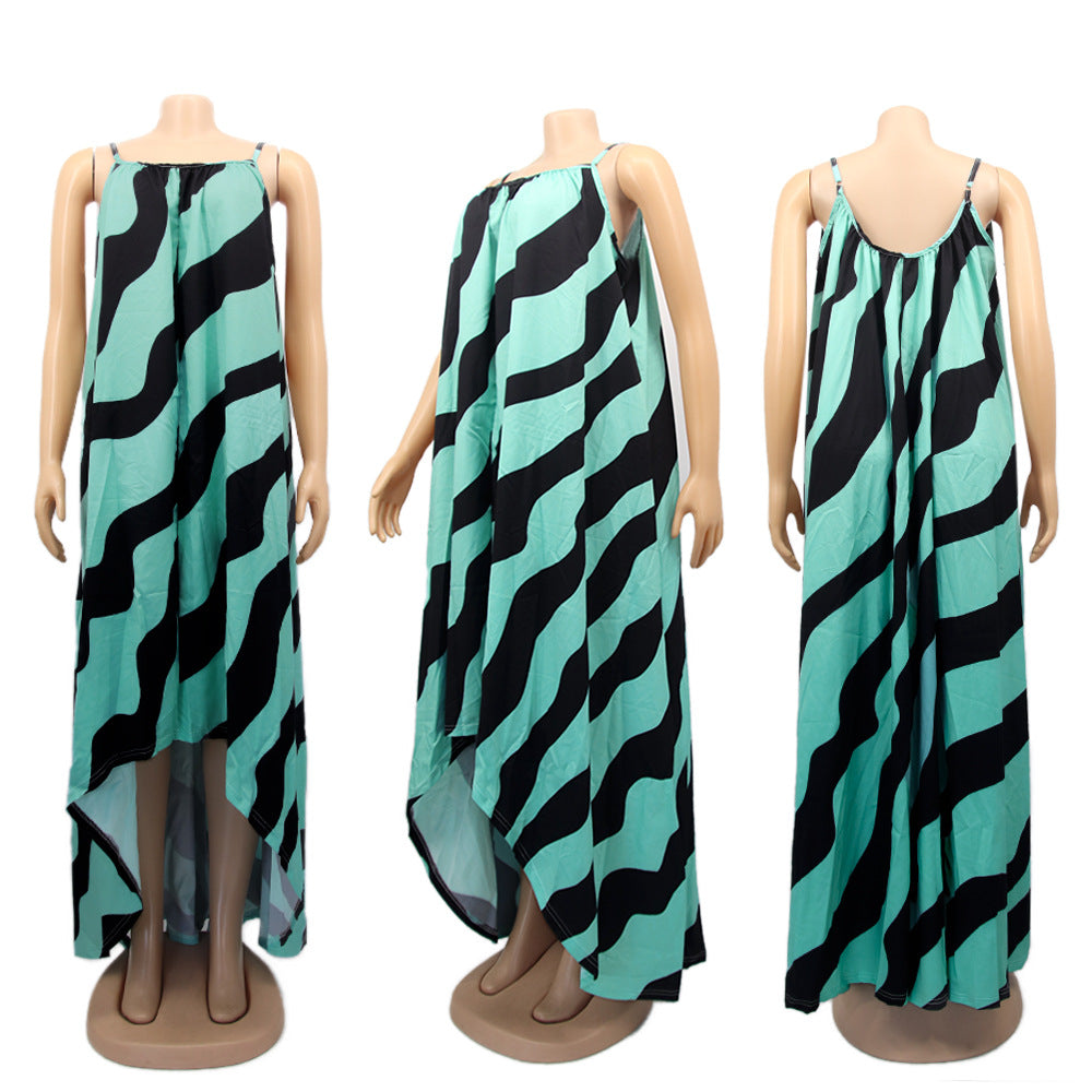 Sexy Women's Irregular Print Strap Loose Dress 13