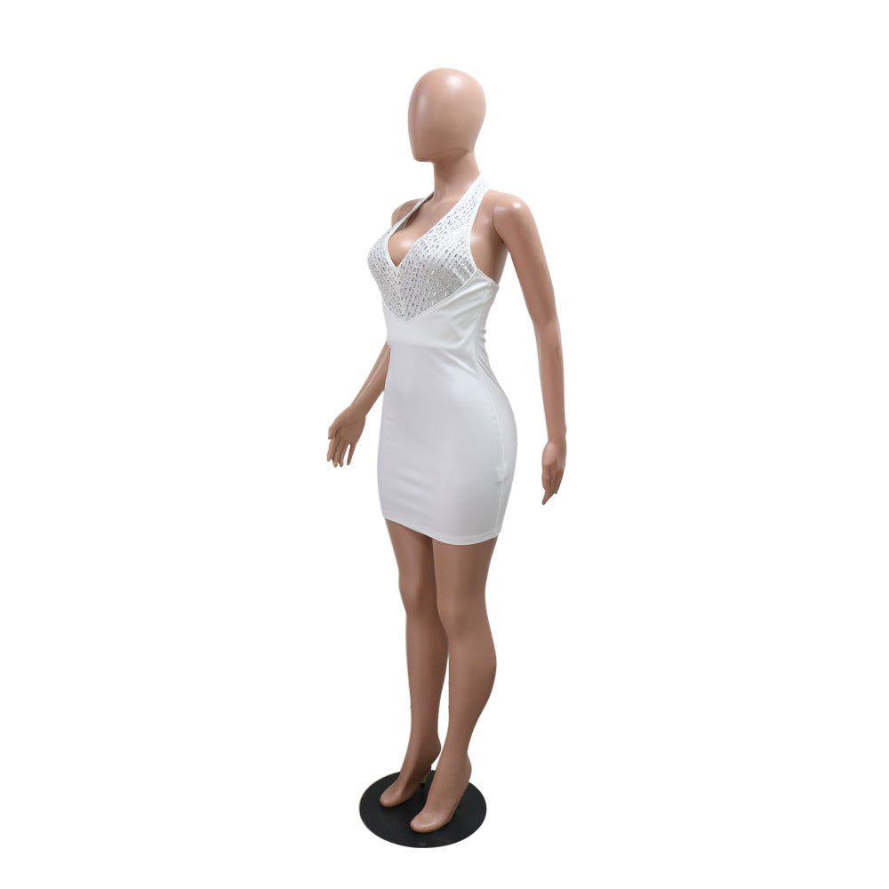 Women Sexy V-Neck Halter Neck Beaded Party Bodycon Dress 12