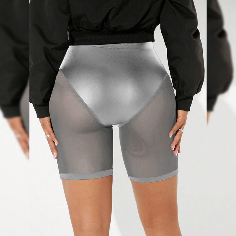 Spring & Summer Women's Solid Color Elastic Waist See-Through Mesh Leather Patchwork Tight-Fitting Knee-Length Shorts 6