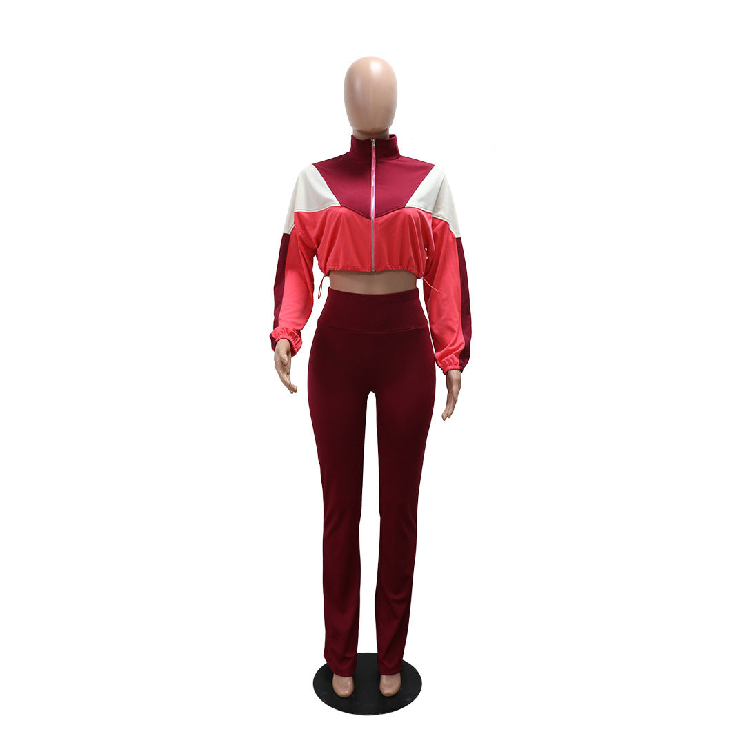 Women Contrast Color Long Sleeve Top and Pants Two-Piece Set 11