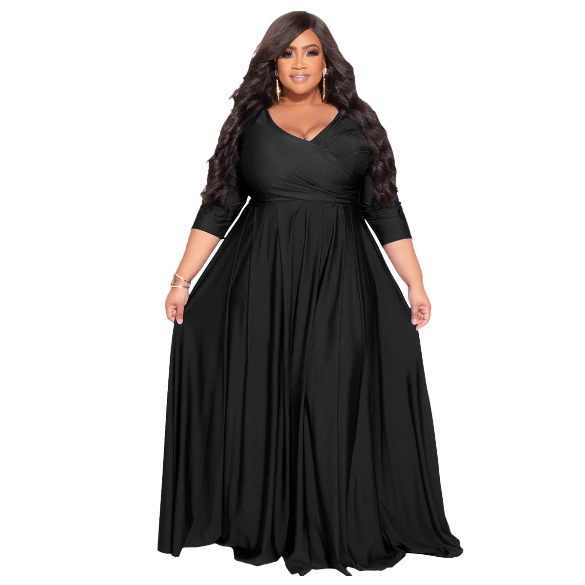 Plus Size Women's Solid Color V-Neck Sexy Wedding Long Dress 3