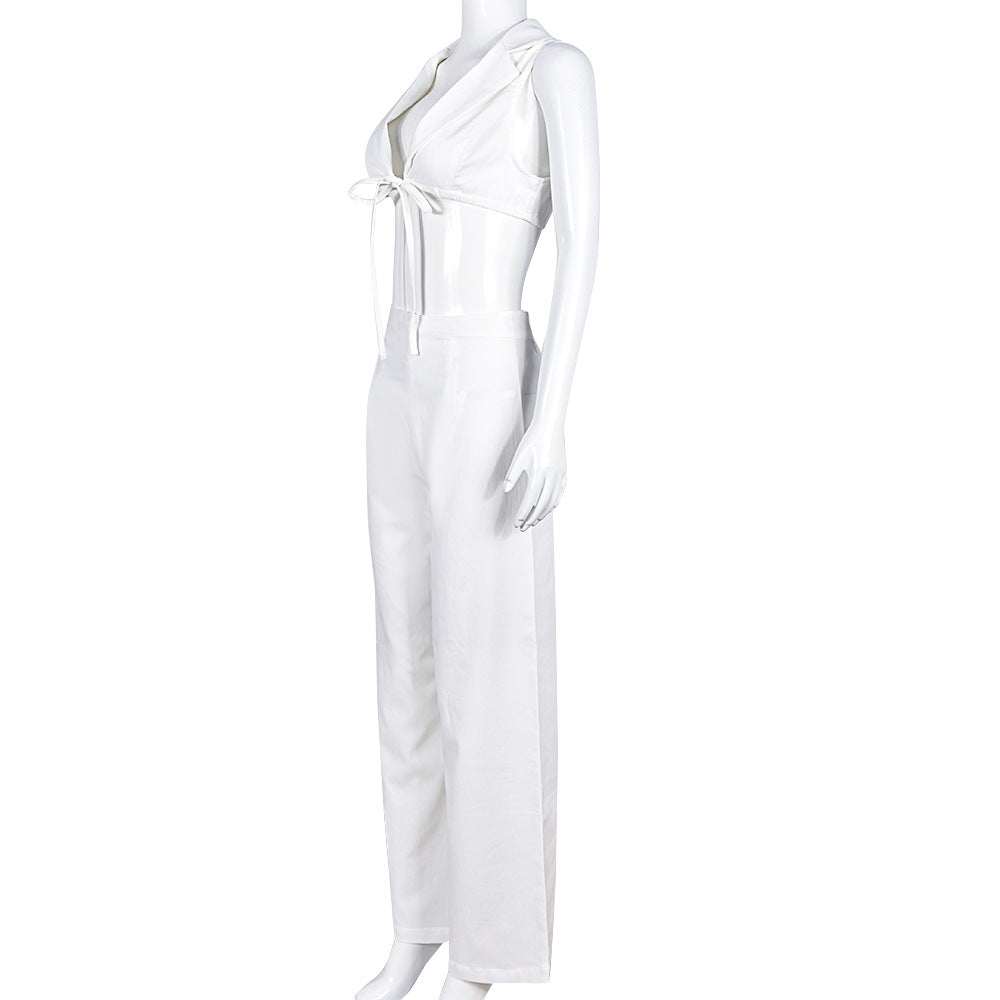 Summer Sexy Slim-Fitting Lace-Up Crop Turndown Collar Two Piece Pants Set For Women 4