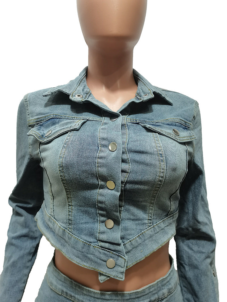 Women Washed Button Zipper Straps Irregular Top and Slit Cargo Denim Skirt Two-piece Set 15