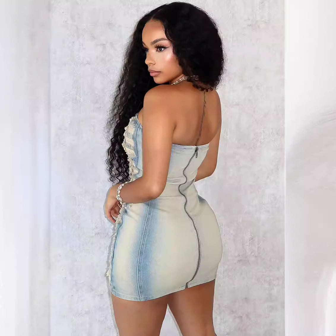 Women Sexy Washed Ripped Denim Dress 4