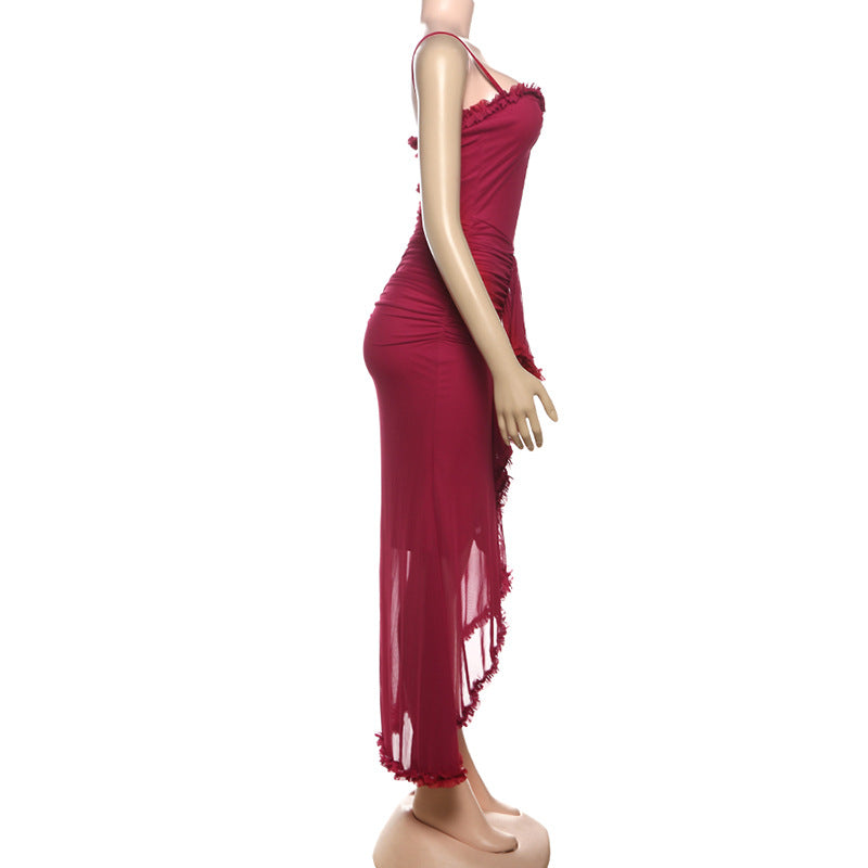 Women Sexy Backless Mesh Suspender Solid Dress 32