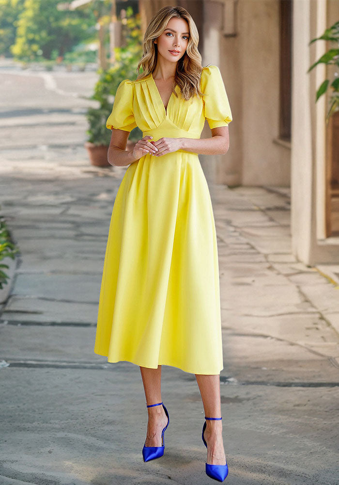 Summer solid color v-neck lantern sleeve slim dress