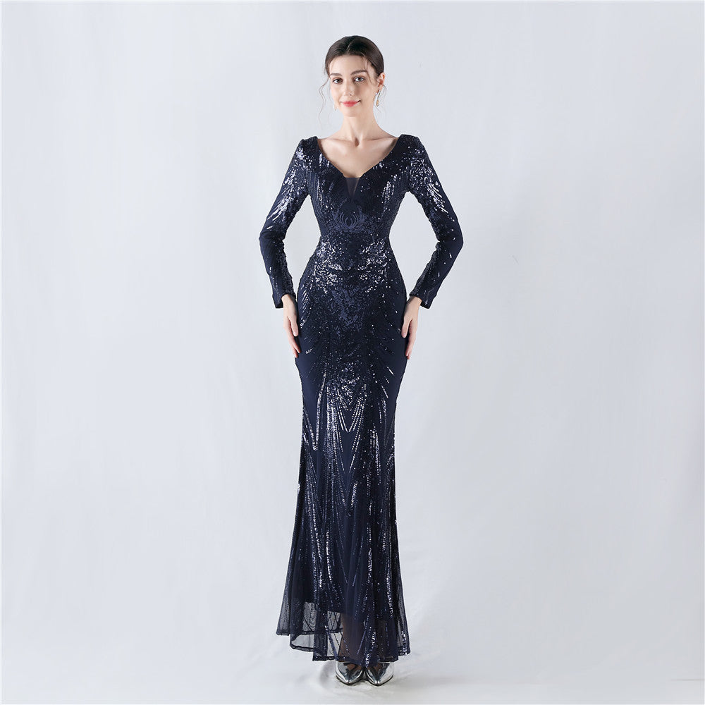 V-Neck Long Sleeve Sequins Plus Size Formal Party Evening Dress 6