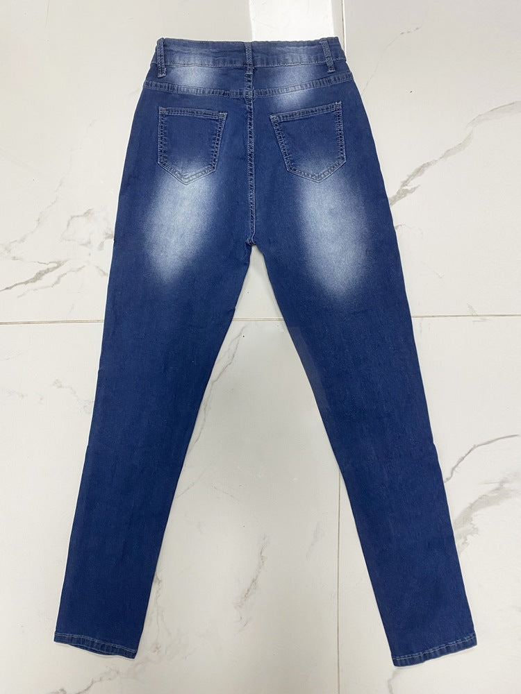 Ripped Women's Leopard Print Patch High Waist Denim Pants 4