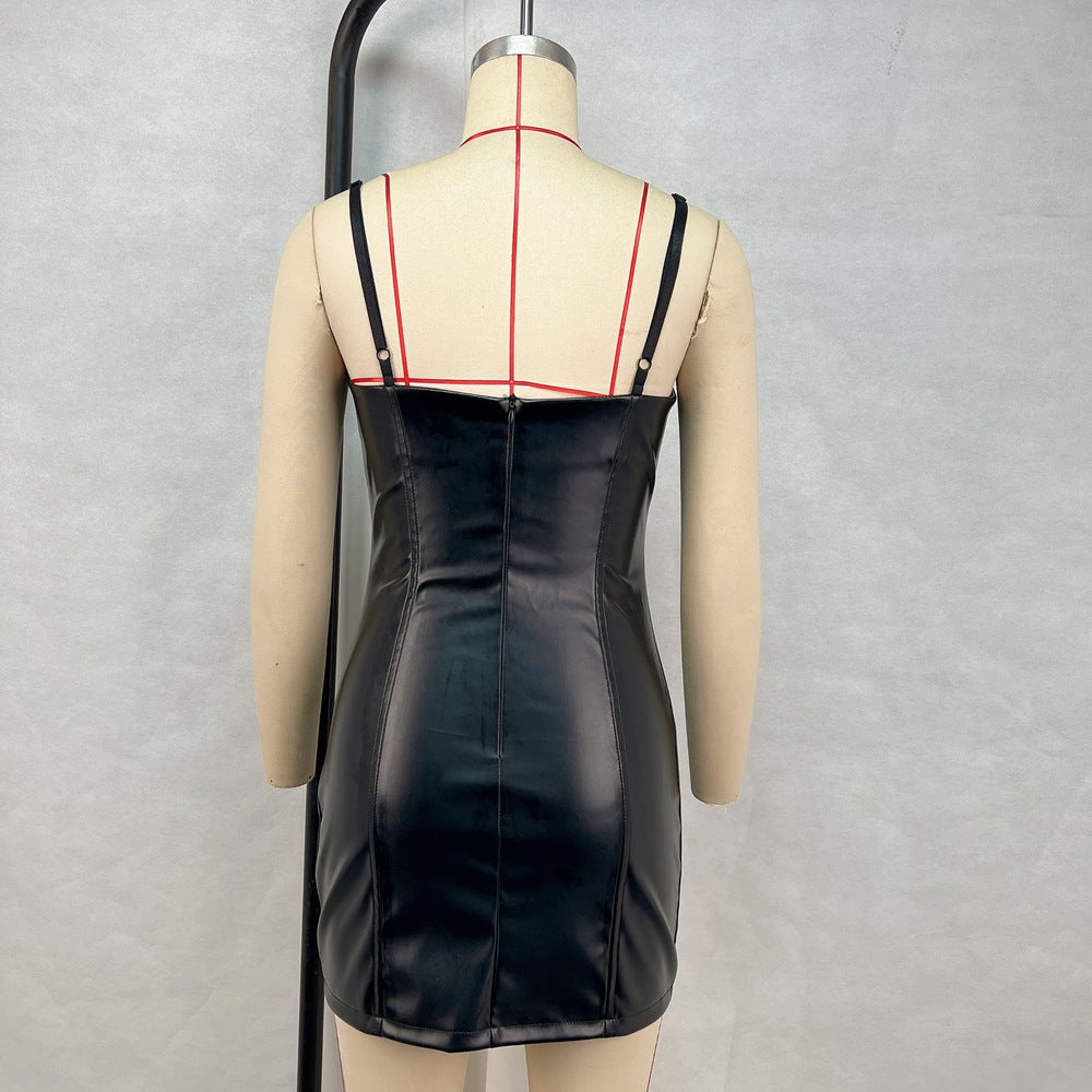 Women Sexy Off Shoulder Bodycon Pu Leather Strap Dress 6