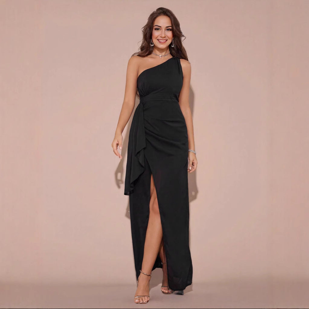 Women Solid Off-shoulder Sleeveless Solid Ruffle Slit Evening Dress Irregular Dress 7