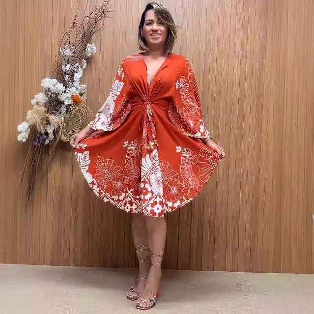 Casual fashion printing Lace-Up v-neck long sleeve dress 4