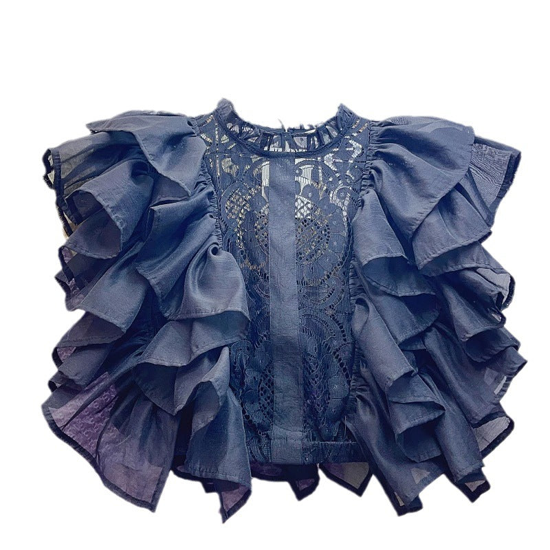 Women Summer French Ruffle Patchwork Crochet Hollow Stand Collar Lace Shirt 12