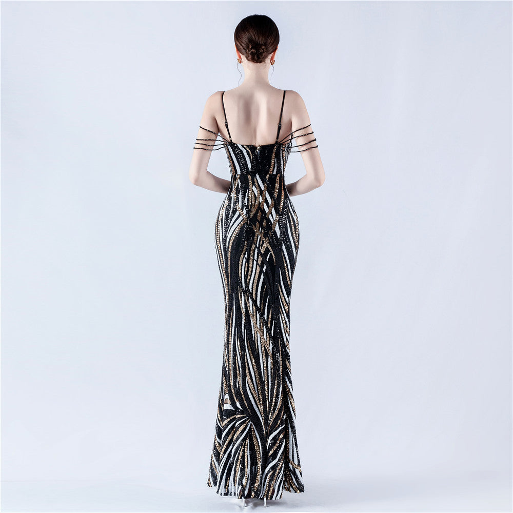 Women sequined striped color matching maxi evening dress 9