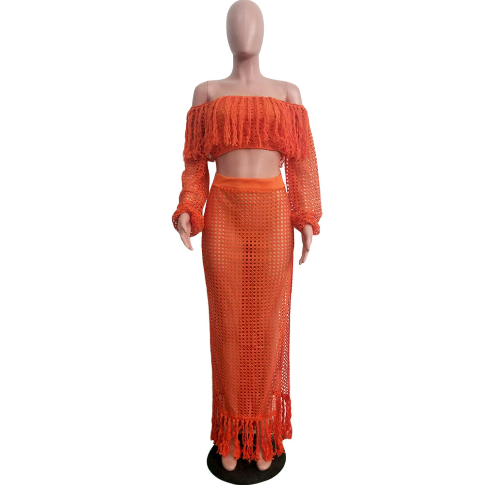 Summer Hollow Sexy Fashion Mesh Tassel See-Through Two-Piece Skirt Set 22