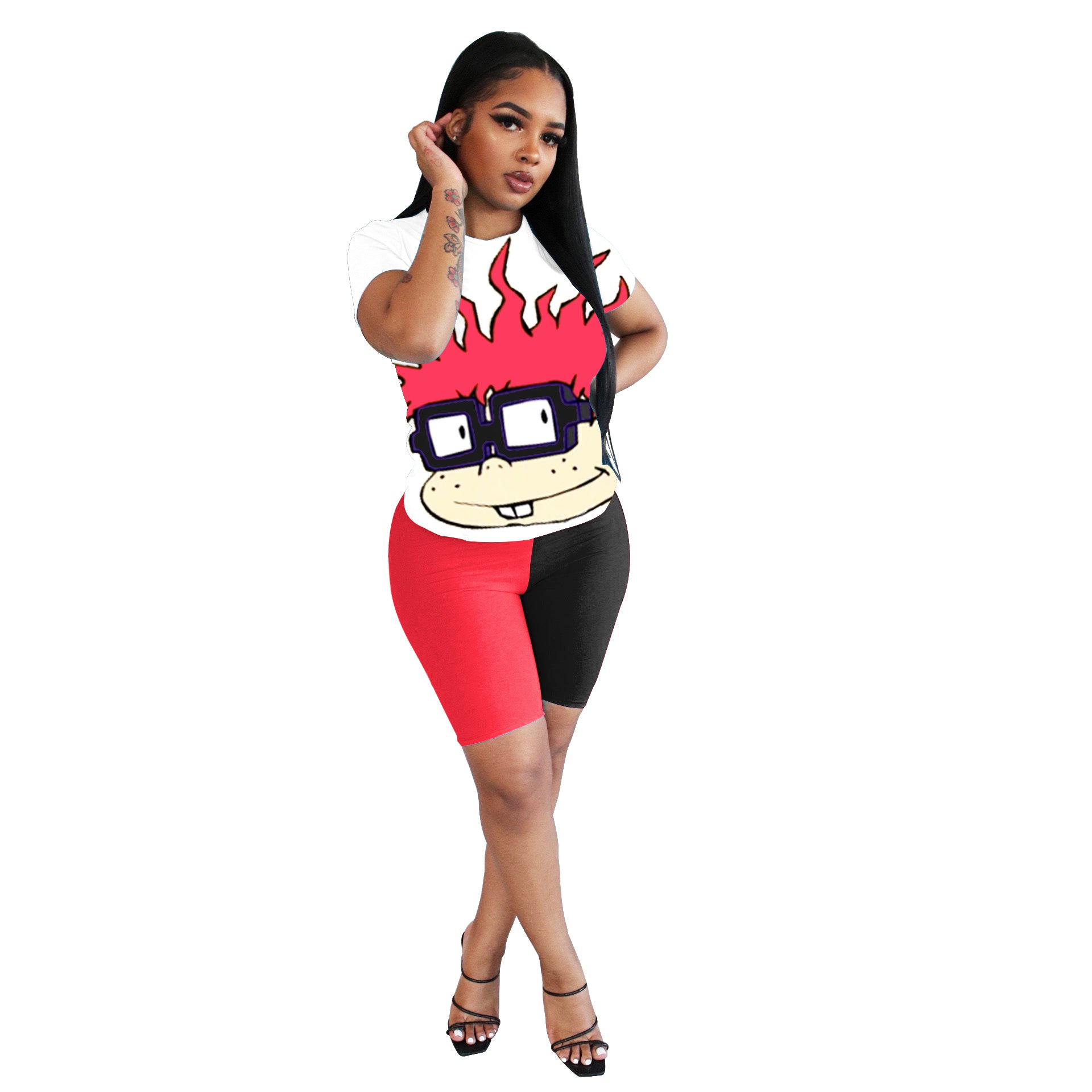 Women's Cartoon Printed Contrast Color Two Piece Fashion T-Shirt Shorts Set 14