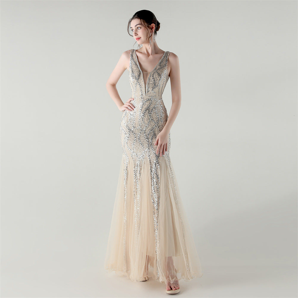 Deep V Fishtail Sequin Mesh Formal Party Evening Dress 17