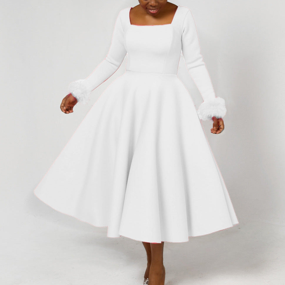 Winter Chic Elegant Fur Decorated Long Sleeve A-Line African Party Dress 7